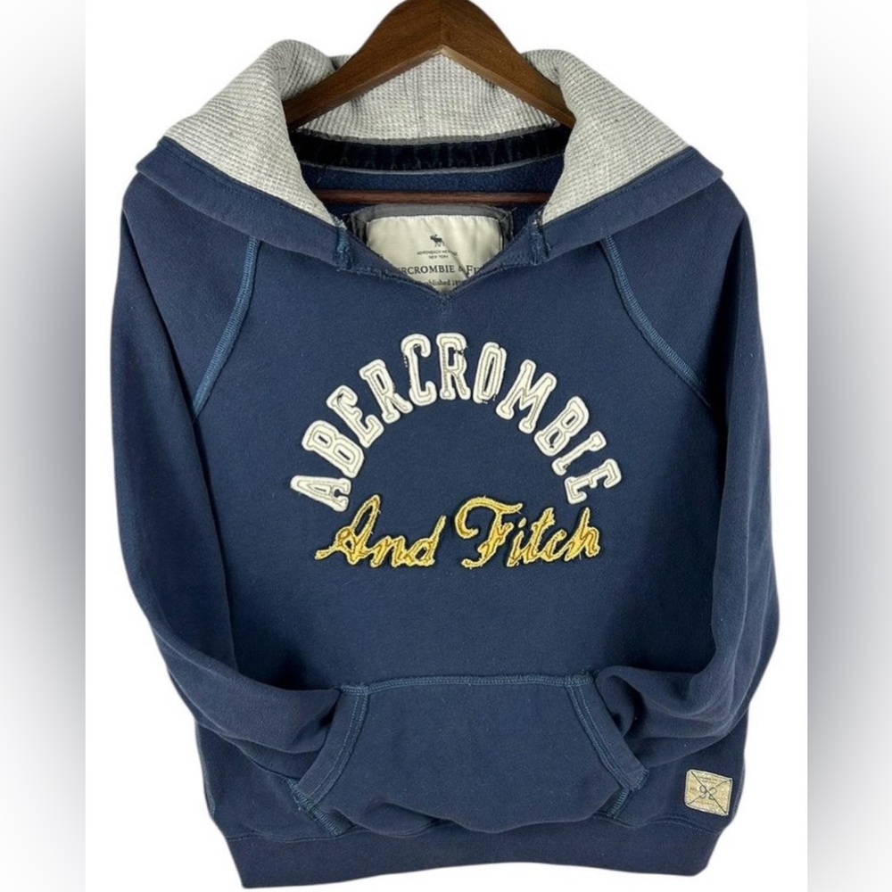 Abercrombie & Fitch Navy Blue Hoodie with Cream Hood Lining and Yellow Script